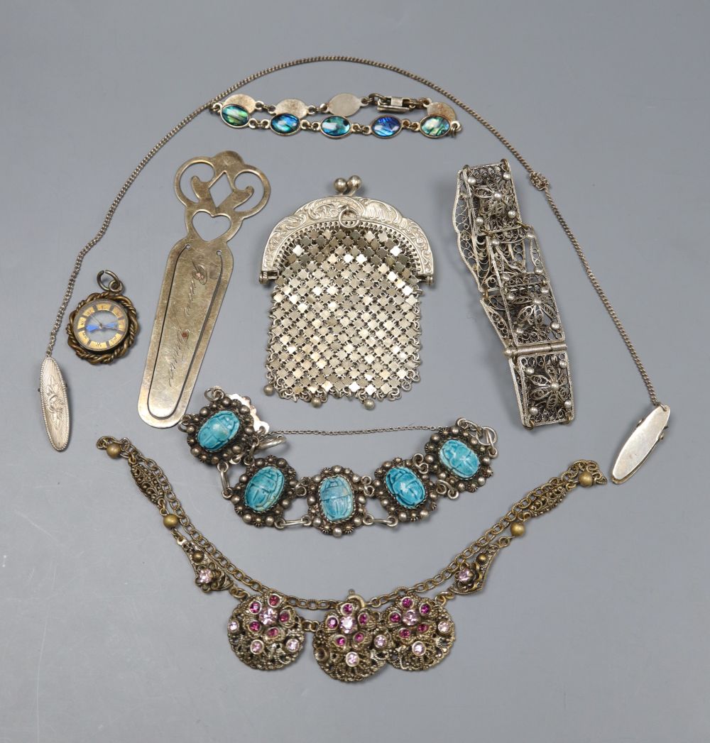 Assorted white metal and other jewellery, etc, including 800 bookmark.